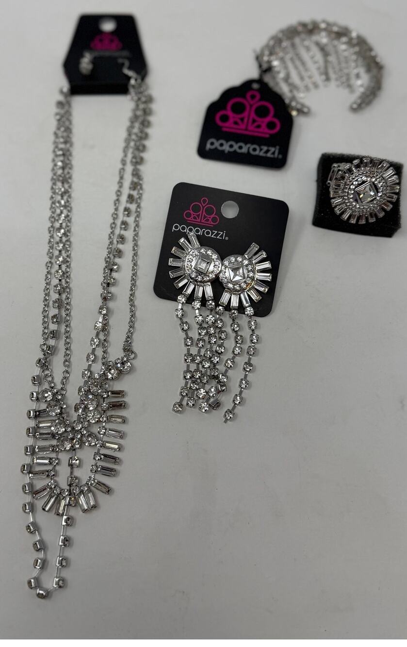 Paparazzi Necklace Bracelet Ring Two Sets of Earrings Silver and Rhinestones